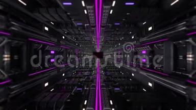 穿过高科技隧道。 动画。 未来主义隧道与黑色金属细节和霓虹灯线。 风格隧道